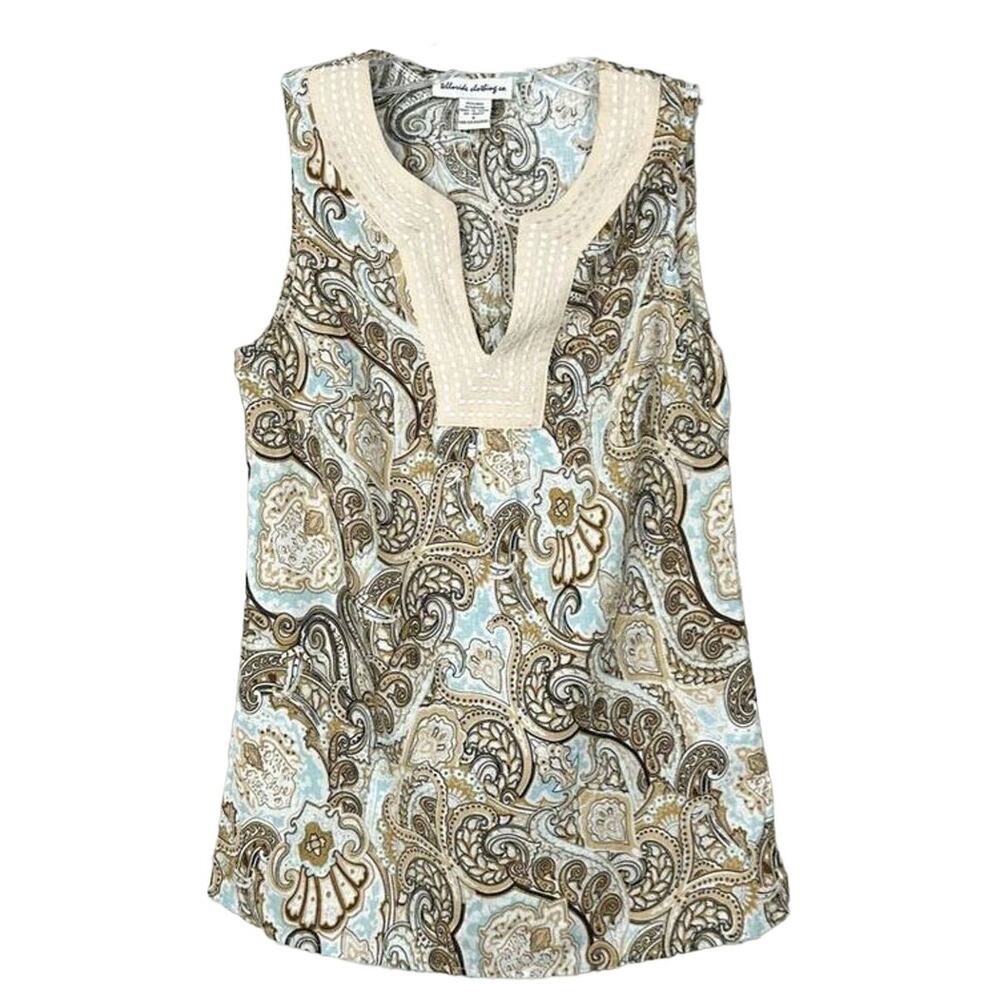 Telluride Clothing Co. Womens Linen Paisley Tank Top Beige Blue Size Small